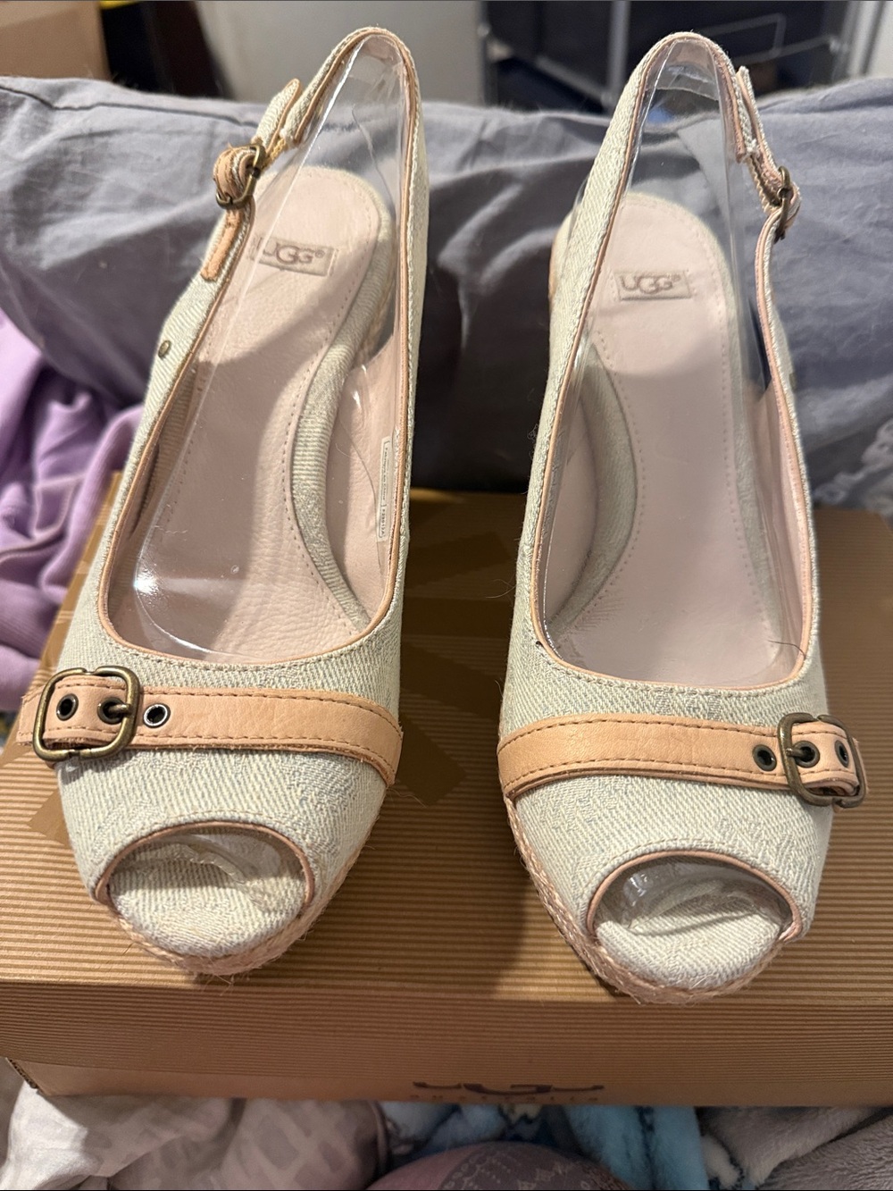 UGG Cream and Tan Peep-Toe Slingback Wedge Heels